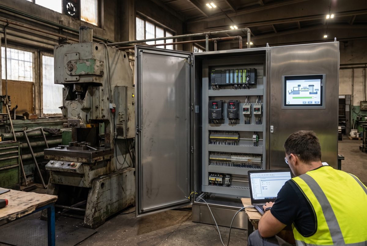 Engenheiro programando CLP em retrofit de prensa